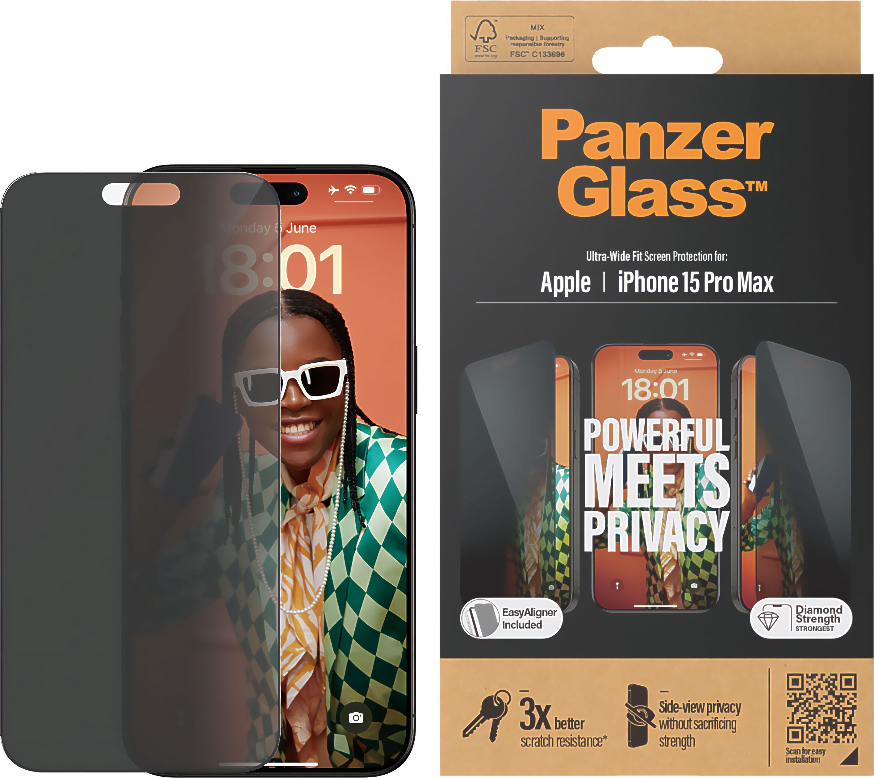PanzerGlass Privacy Glass Screen Protector for iPhone 15 Pro Max - Ultra-Wide Fit - Transparent, Transparent