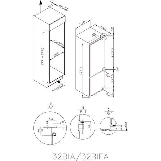 Candy Integrated 70/30 Total No Frost Fridge Freezer with Sliding Kit - White - Annotation - Dimension shot