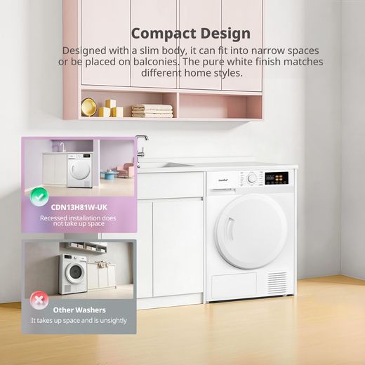 Comfee CDN13H81/W-UK Wifi Connected 8Kg Heat Pump Tumble Dryer - White - annotation - compact deisgn