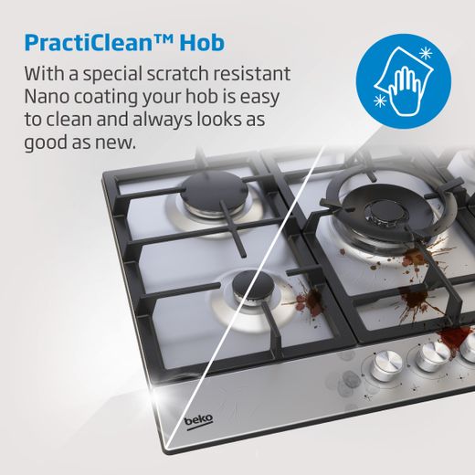 Beko HIAW75225SXE 75cm Gas Hob - Stainless Steel - Annotation - PractiClean hob