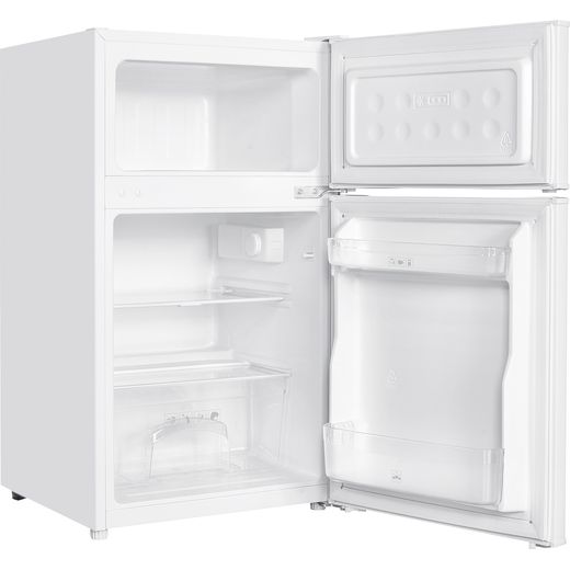 Russell Hobbs Under-Counter Fridge Freezer in White - Right perspective with door open shot