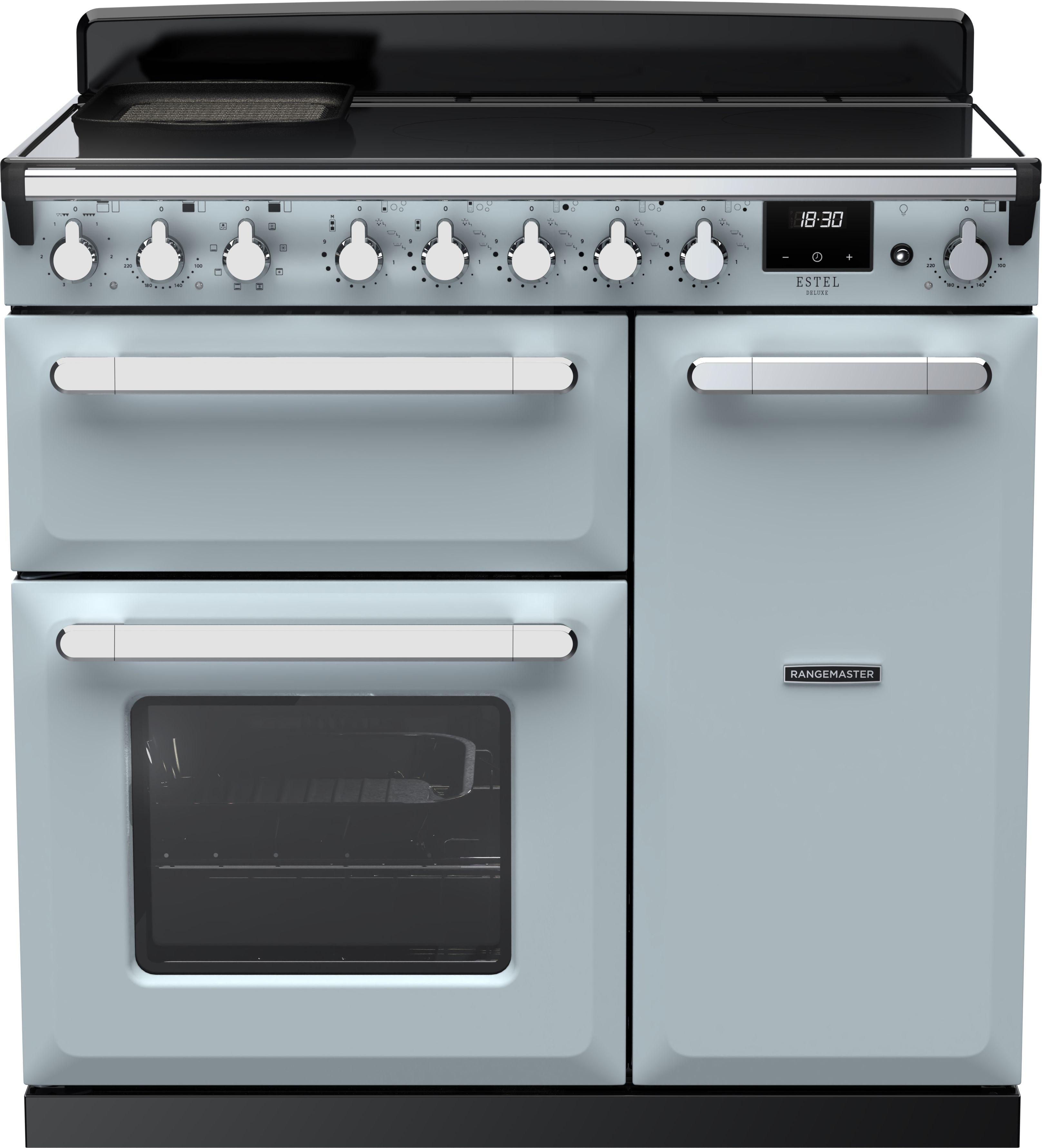 Image of Rangemaster Estel Deluxe ESDL90EIPMSB/CM1 90cm wide Electric Range Cooker with Induction Hob - Misty Blue / Chrome - A/A Rated, Blue