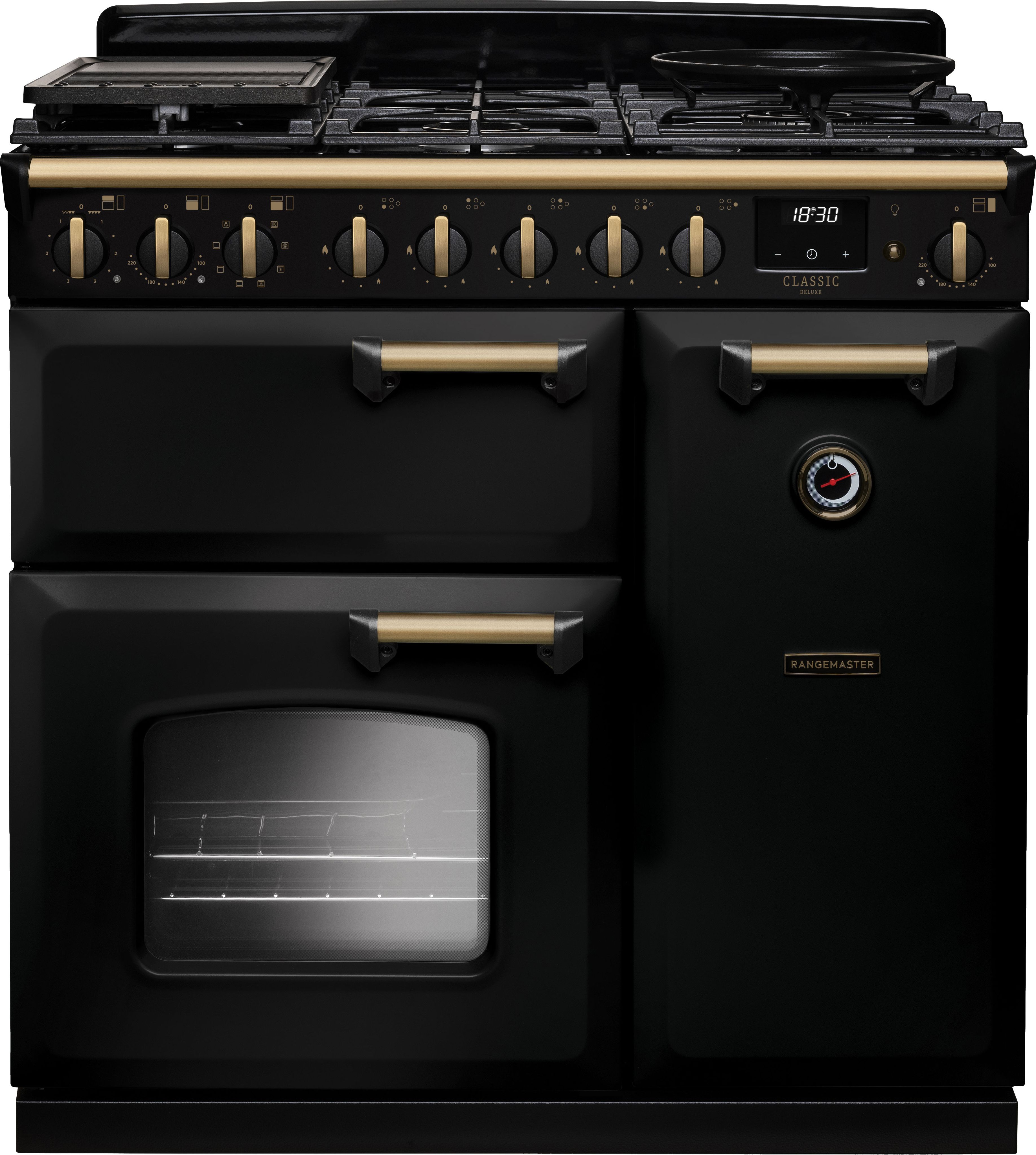 Image of Rangemaster Classic Deluxe 90 CLDL90DFPGBL/AB1 90cm wide Dual Fuel Range Cooker with Gas Hob - Black / Antique Brass - A Rated, Black