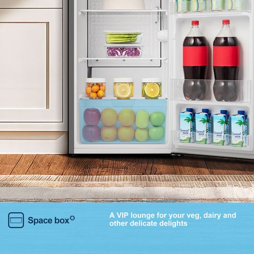 Fridgemaster MUL4892ES Compact 84cm Fridge - Silver - Annotation - Space box shot