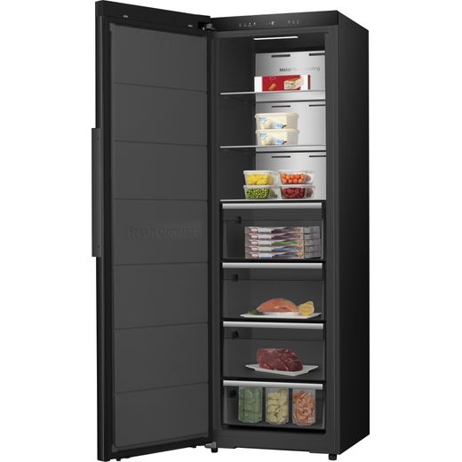 Hisense Frost Free Upright Freezer - Black Stainless Steel - Left perspective with door open shot