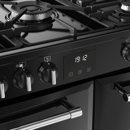 Belling FARMHOUSE 90DF Dual Fuel Range Cooker - Black - Control dials and digital display