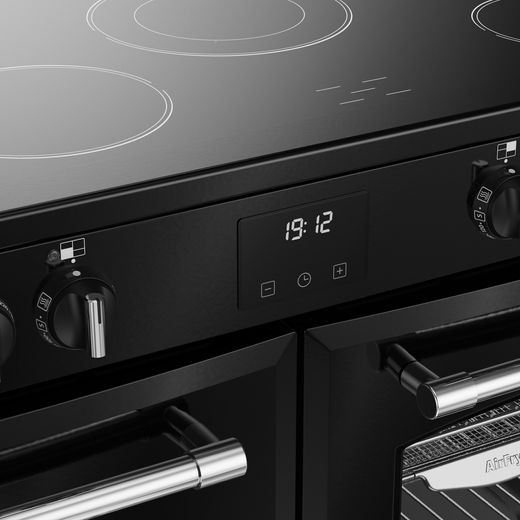 Belling Farmhouse 100E 100cm Electric Range Cooker with Ceramic Hob - Black - Close up control pane shot 