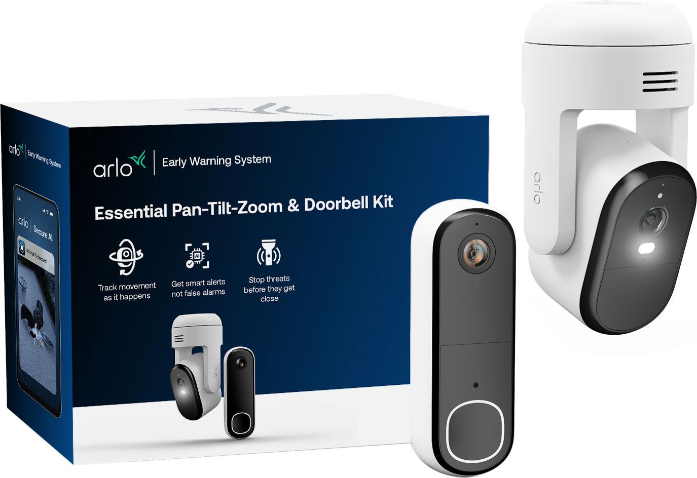 Arlo - Essential E3 PTZ 2K Camera - Video Doorbell HD - Smart Home Security Bundle - White