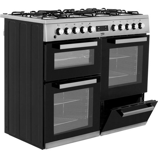 Beko 100cm Dual Fuel Range Cooker - Stainless Steel - Bottom right door open