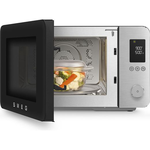 Smeg Collezione MOC02BLMUK 27 Litre 30cm High, Freestanding Small Combination Microwave Oven - Black - door open with food