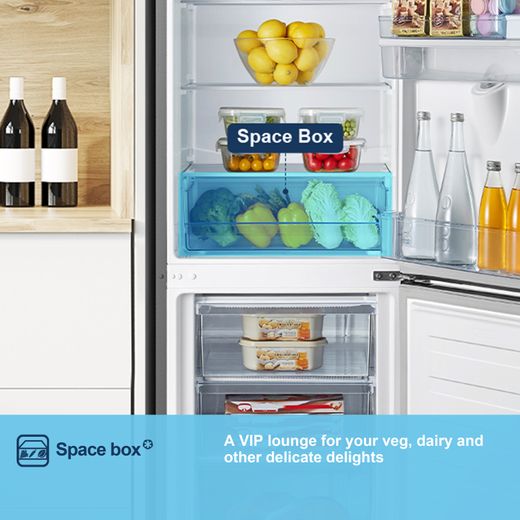 Fridgemaster MC55265DEB 180cm 70/30 Fridge Freezer - Black - Annotation - Space box