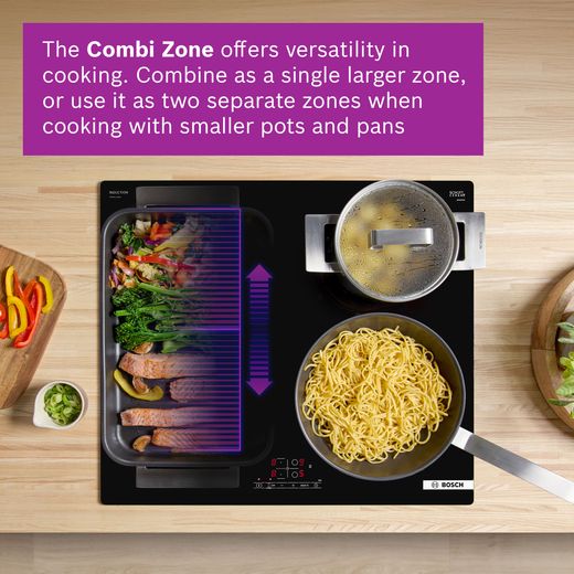 Bosch Series 4 PWP611BB5B 59cm Induction Hob - Black - annotation - combi zone shot