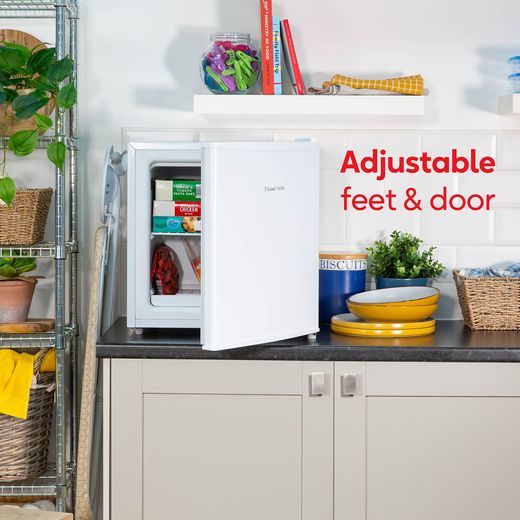 Russell Hobbs Table Top Mini Freezer - White - Annotation - Adjustable feet and doot