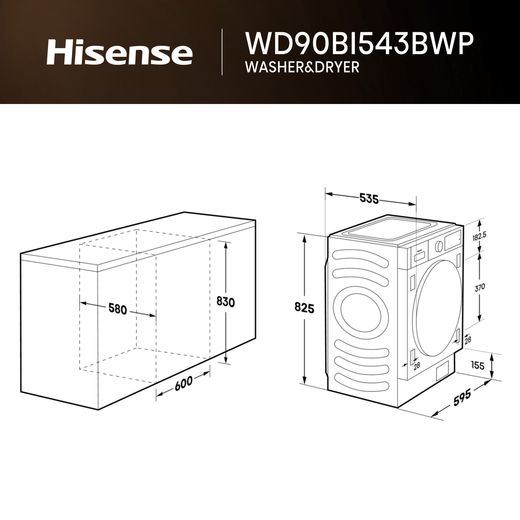 Hisense 5 Series WD90BI543BWP Wifi Connected Integrated 9Kg / 6Kg Washer Dryer with 1400 rpm - White - Dimensions