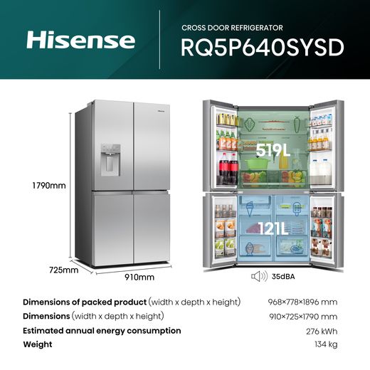 Hisense PureFlex American Fridge Freezer - Stainless Steel - Annotation - dimension shot 