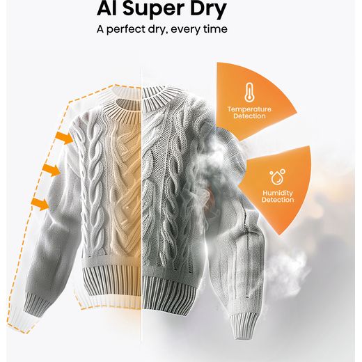 Hisense 7S Series DH7S107BB Wifi Connected 10Kg Heat Pump Tumble Dryer - Black - Annotation - AI Super dry shot
