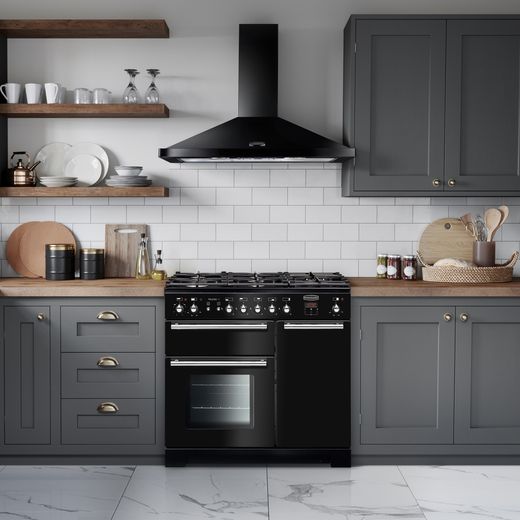 Rangemaster Toledo + 90cm Dual Fuel Range Cooker - Black / Chrome - Cooker in kitchen