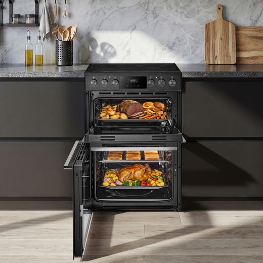 Midea MFO24EME4R118-BK 60cm Wide Double Oven Electric Cooker with Ceramic Hob - Black - cooker in kitchen shot