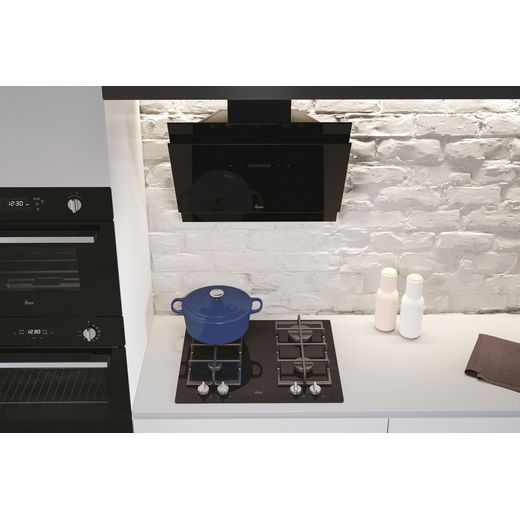 Hoover HDG6DCH3B Ceiling Cooker Hood Black Glass - lifestyle - cooker hood above hob with blue lidded pot