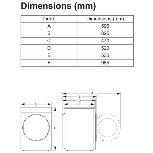 Hisense 5 Series WD90BI543BWP Wifi Connected Integrated 9Kg / 6Kg Washer Dryer with 1400 rpm - White - Dimensions