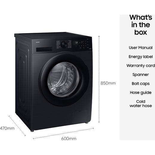Samsung Series 5 AI Energy SpaceMax™ WW11DG5B25ABEU 11kg WiFi Connected Washing Machine with 1400 rpm - Black - Dimensions