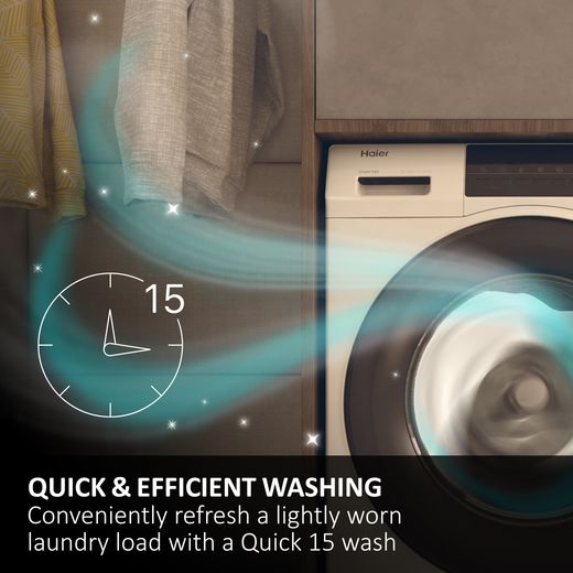 Haier Series 8 HWB100B14858U1UK Integrated 10kg Washing Machine with 1400 rpm - White - Annotation - Quick 15 shot