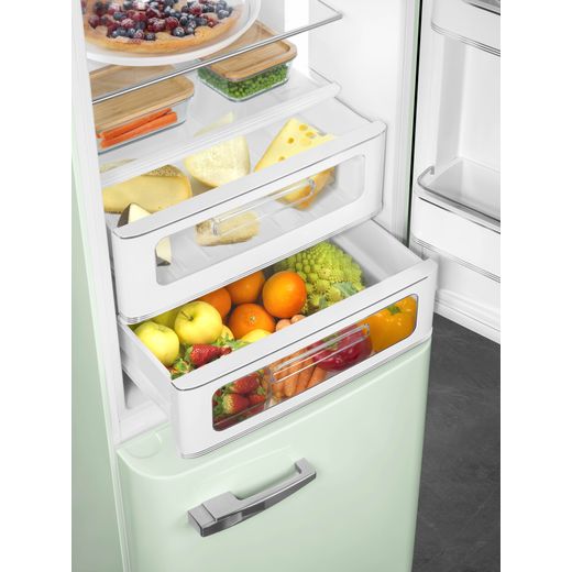Smeg 50's Style FAB32RPG6UK 197cm 60/40 Frost Free Fridge Freezer - Pastel Green - Close up drawer full shot 