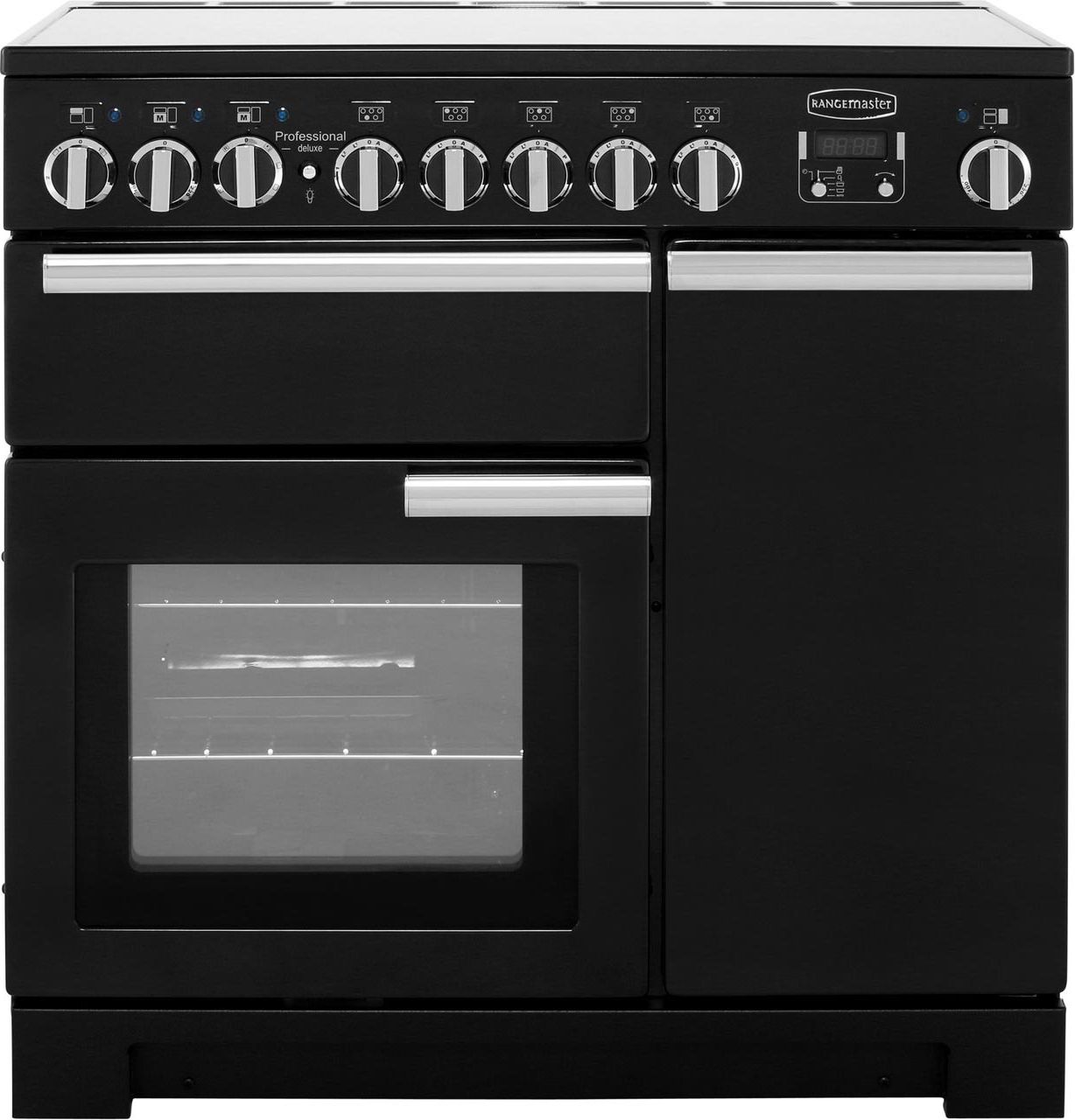 Rangemaster Professional Deluxe PDL90EIGB/C 90cm Electric Range Cooker with Induction Hob - Black / Chrome - A/A Rated, Black