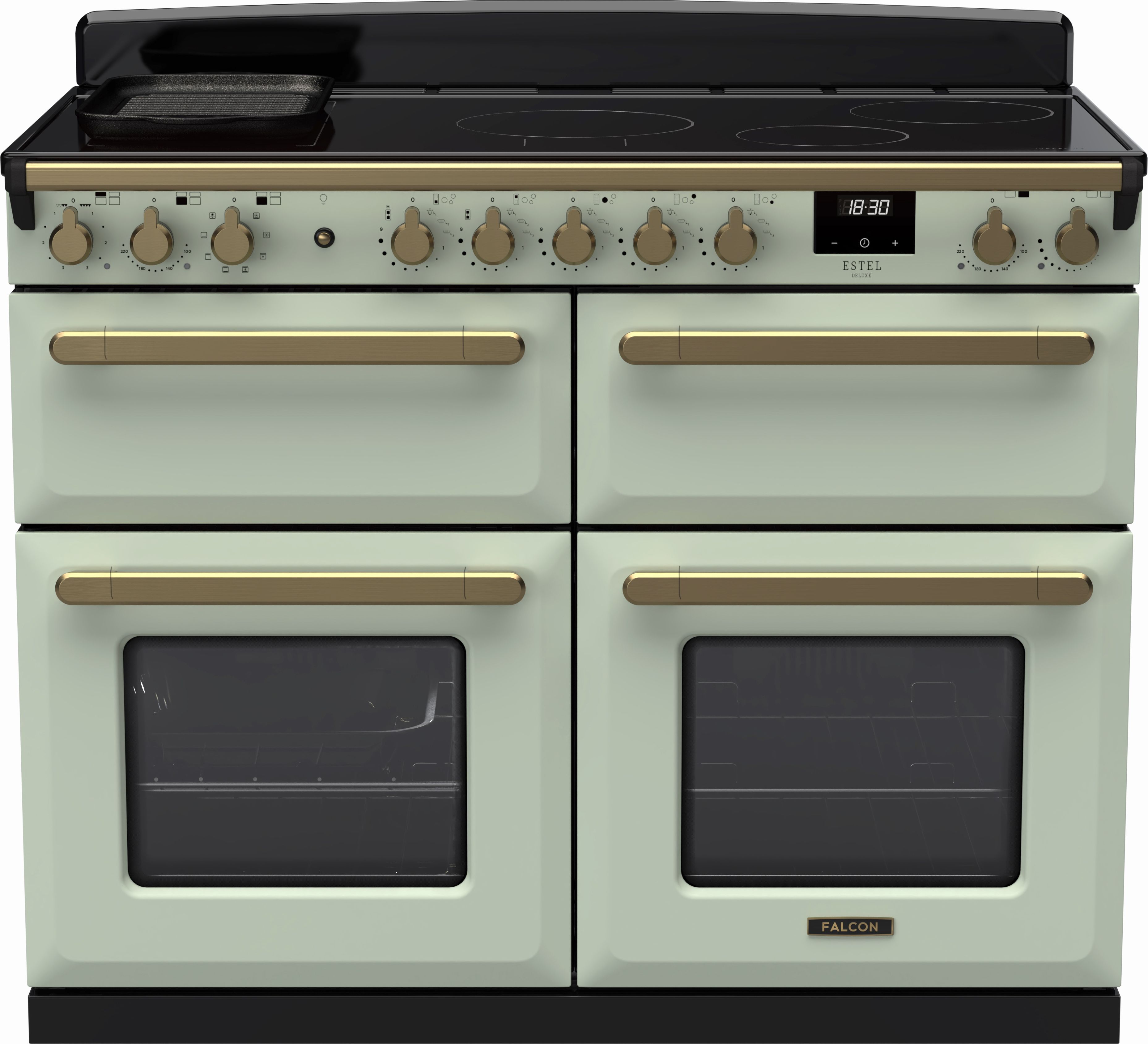 Image of Rangemaster Estel Deluxe ESDLB110EIPMNT/AB1 110cm wide Electric Range Cooker with Induction Hob - Mint / Antique Brass - A Rated, Green