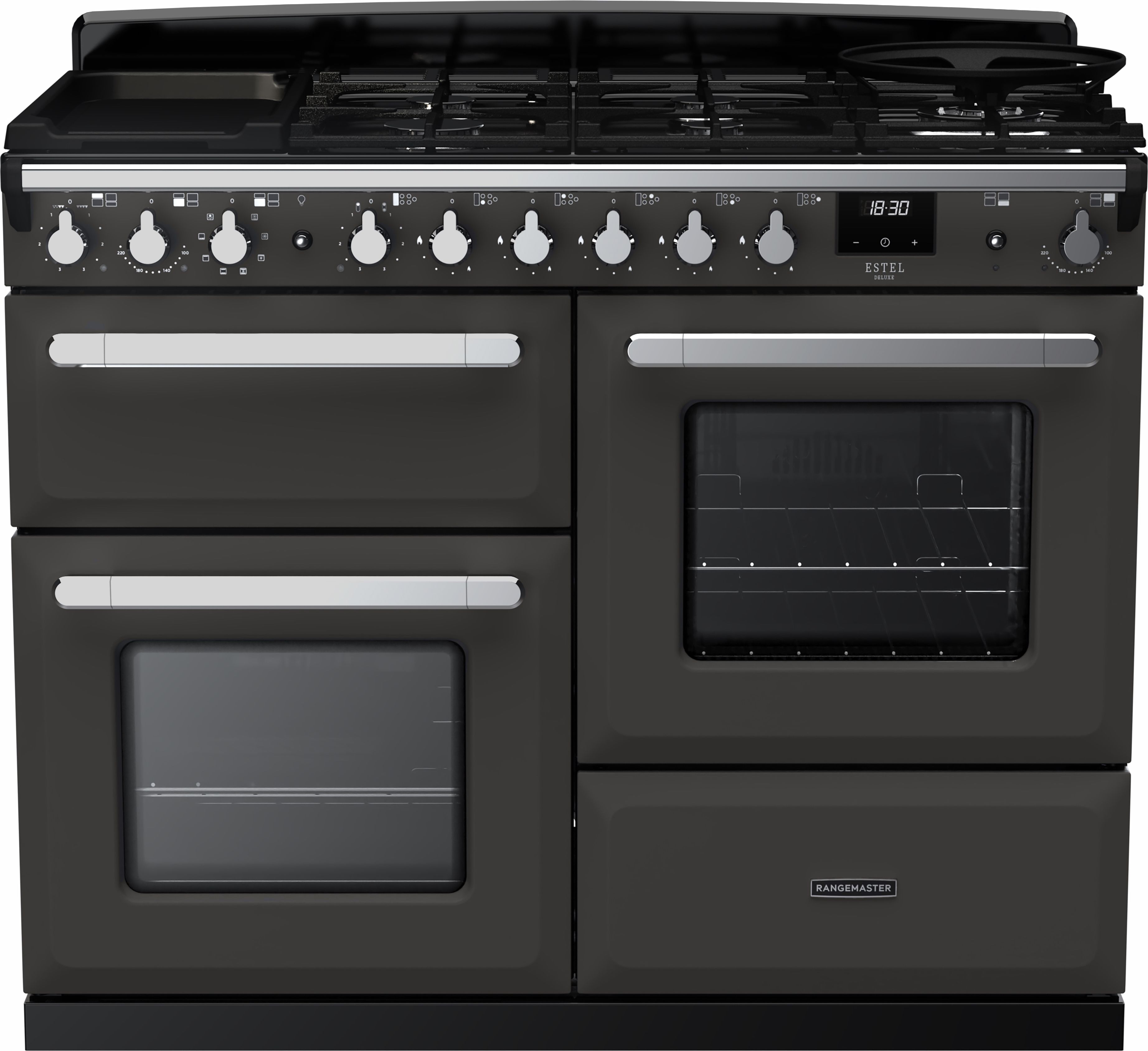 Image of Rangemaster Estel Deluxe ESDLO110DFPSLT/CM1 110cm wide Dual Fuel Range Cooker with Gas Hob - Slate / Chrome - A/A Rated, Grey