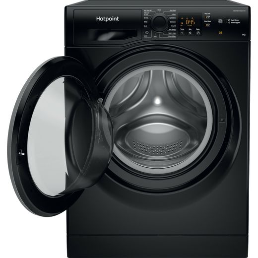 Hotpoint Anti-Stain NSWM 846 BS UK 8kg Washing Machine with 1400 rpm - Black - Front with door open shot