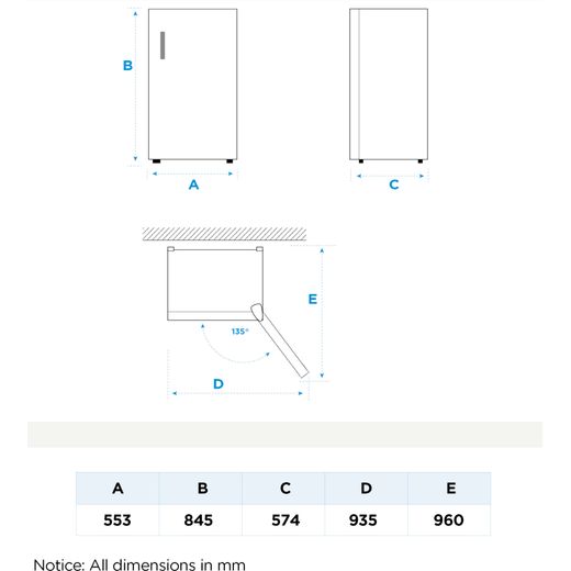 Midea 55cm Under counter MDRU129FZE01 Integrated 84cm Upright Freezer - Dimensions