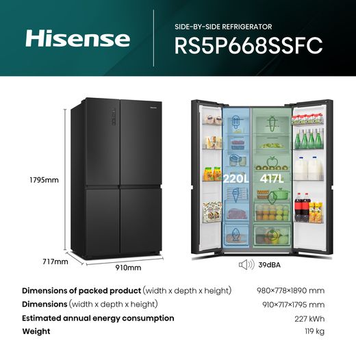 Hisense PureFlat American Fridge Freezer - Black Stainless Steel - Dimensions