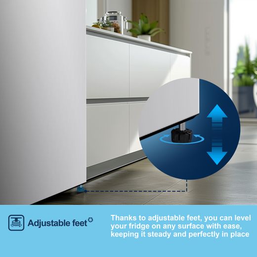 Fridgemaster MTL55242E 143cm Small Fridge - White - Annotation - Adjustable feet