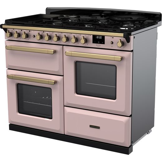 Rangemaster Dual Fuel Range Cooker - Pale Pink / Antique Brass - Left perceptive shot 