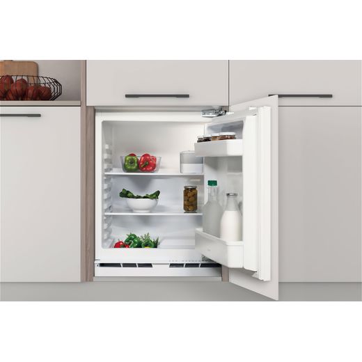 Indesit INBUL011.UK Integrated Upright Fridge - Stainless Steel - Door open in kitchen