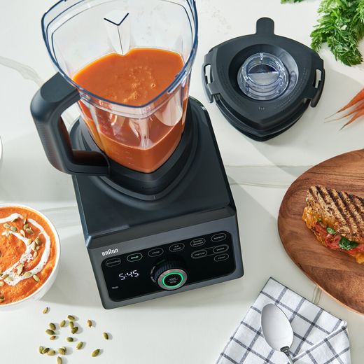Braun Powerblend 9 JB9040BK Blender & Smoothie Maker - Black - Blender on worktop with food inside