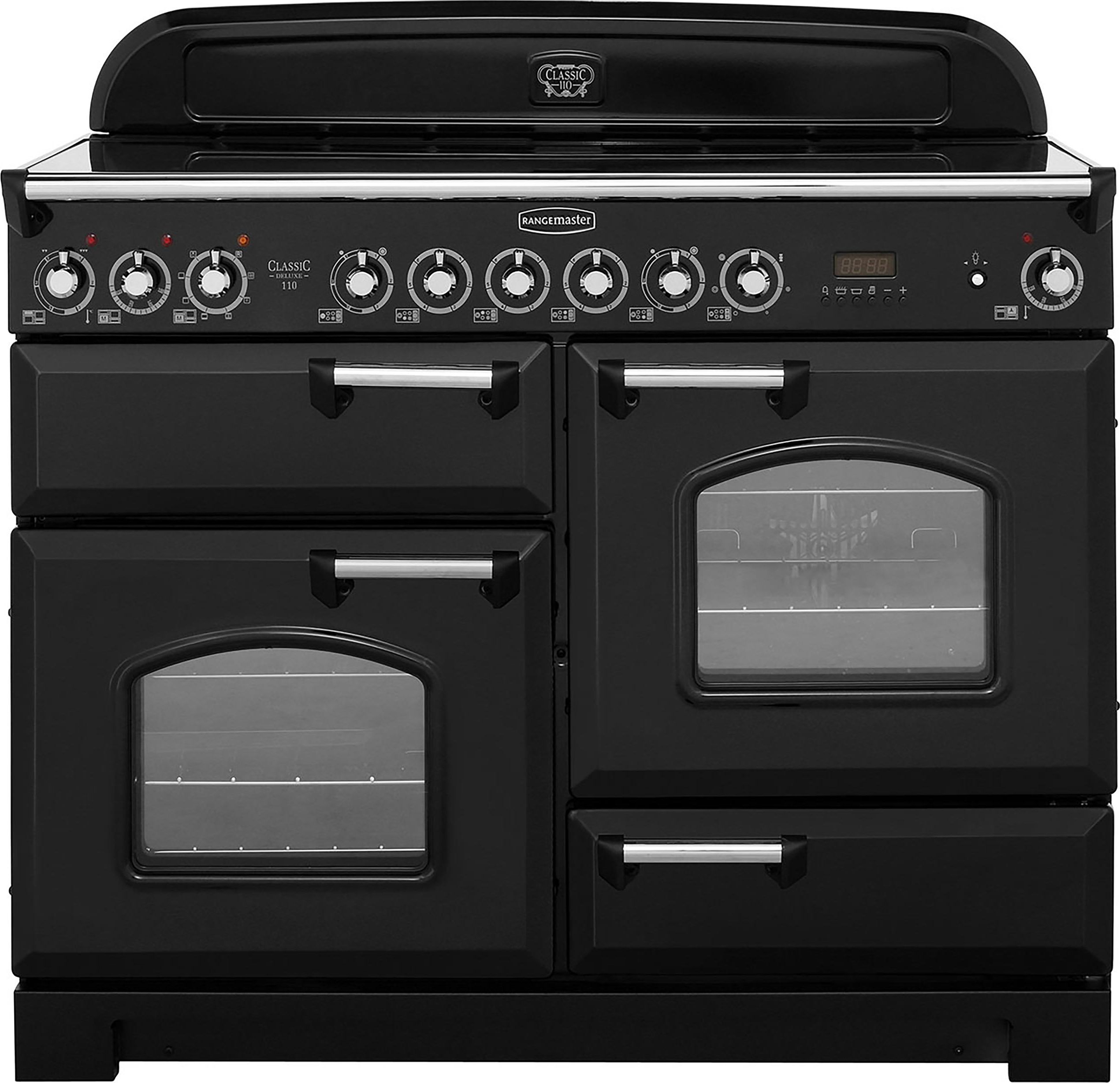 Rangemaster Classic Deluxe CDL110ECBL/C 110cm Electric Range Cooker with Ceramic Hob - Black / Chrome - A/A Rated, Black