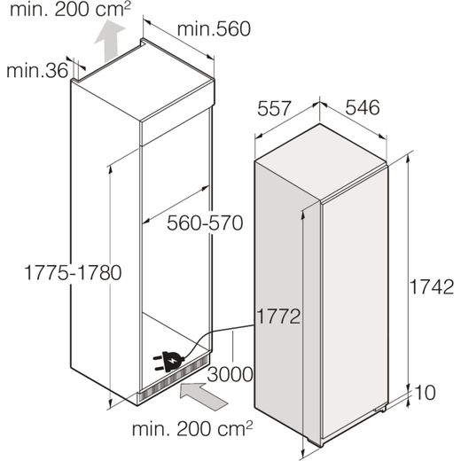 ASKO Nordic Fresh 2.0 RBF576DND1.UK Integrated 177cm Upright Freezer with Fixed Door Hinge Kit - Dimensions