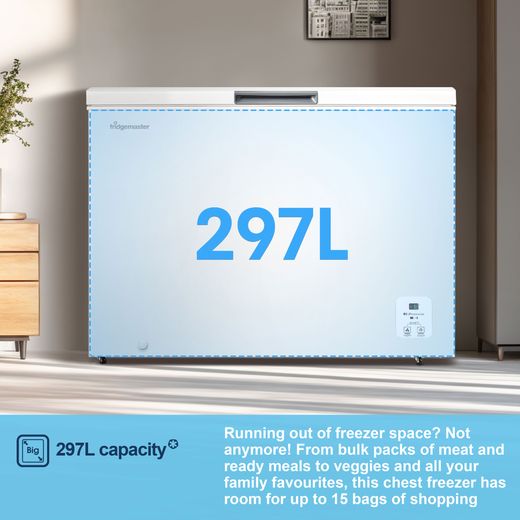 Fridgemaster Chest Freezer - White - Annotation - Capacity shot