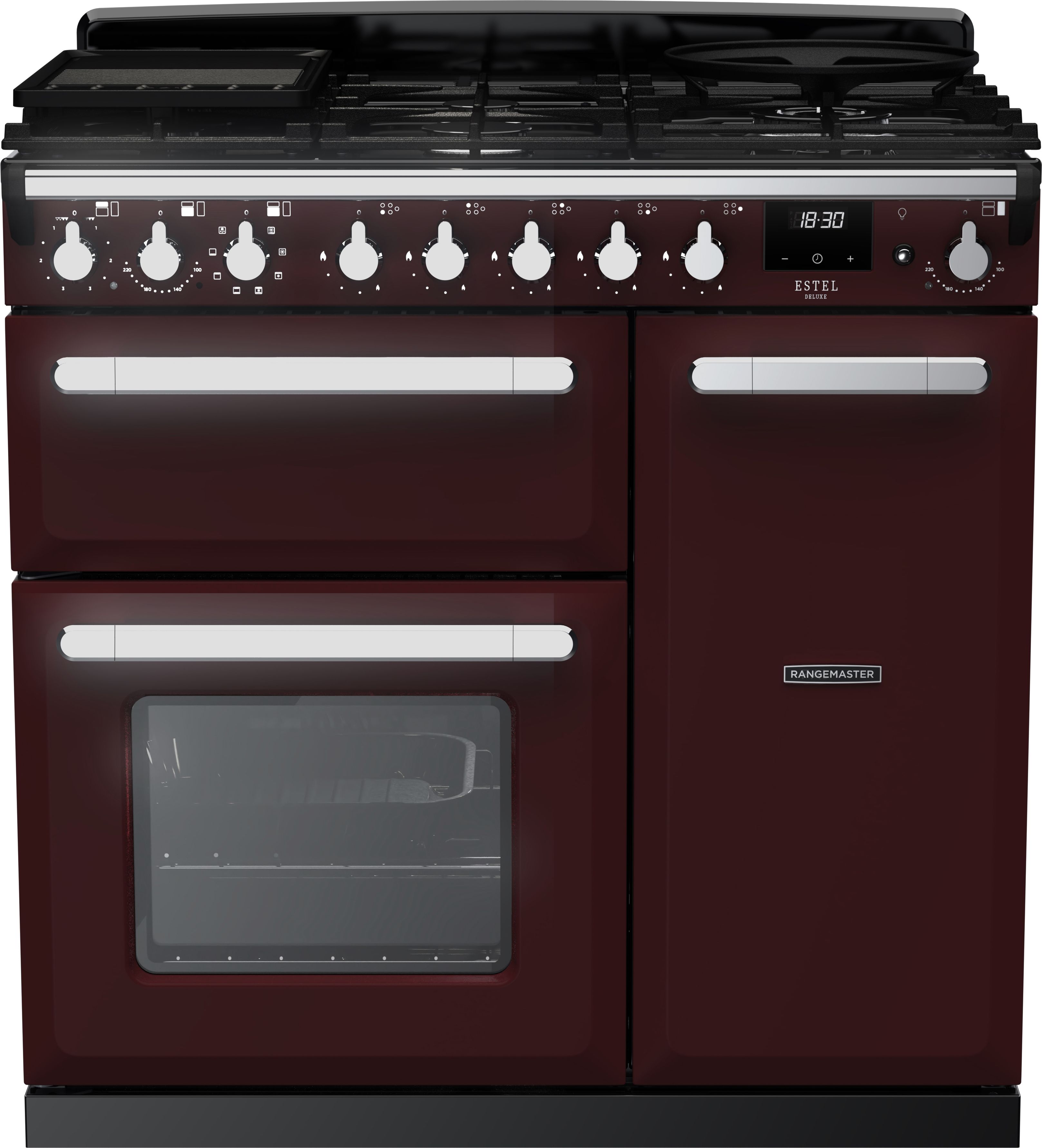Image of Rangemaster Estel Deluxe ESDL90DFPBOR/CM1 90cm wide Dual Fuel Range Cooker with Gas Hob - Bordeaux / Chrome - A/A Rated, Red