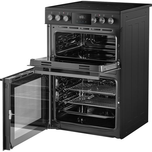 Midea MFO24EME4R118-BK 60cm Wide Double Oven Electric Cooker with Ceramic Hob - Black - left perspective with door open shot