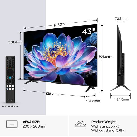 TCL 43" 4K Ultra HD Smart Fire TV [2026] - 43V6D-UK - dimensions
