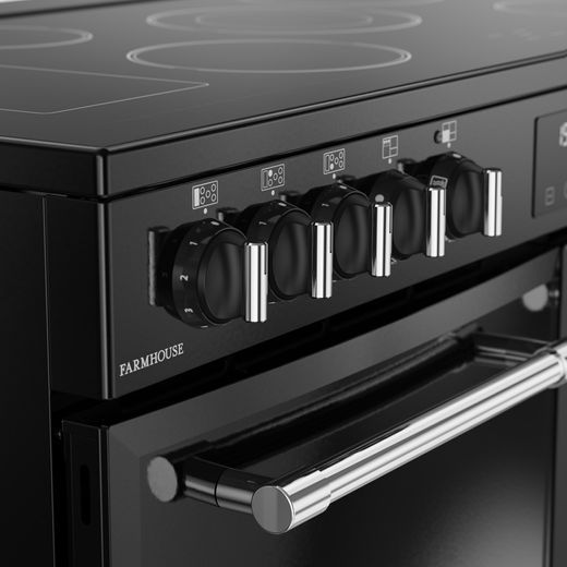 Belling Farmhouse 100E 100cm Electric Range Cooker with Ceramic Hob - Black - Close up control panel shot 