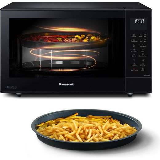 Panasonic 4-in-1 Air Fry NN-CT56RBBPQ 27 Litre 31cm High, Freestanding Small - Black - front with food shot