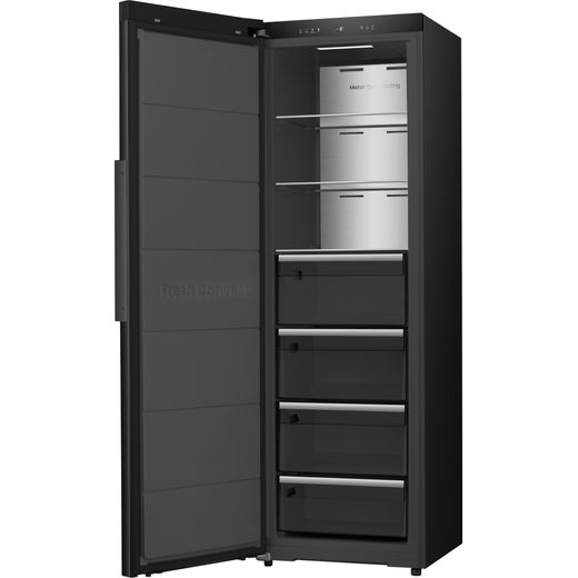 Hisense Frost Free Upright Freezer - Black Stainless Steel - Left perspective with door open shot