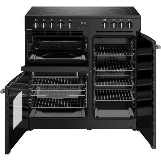 Belling Farmhouse 90E 90cm Electric Range Cooker with Ceramic Hob - Black-  Front with door open shot 