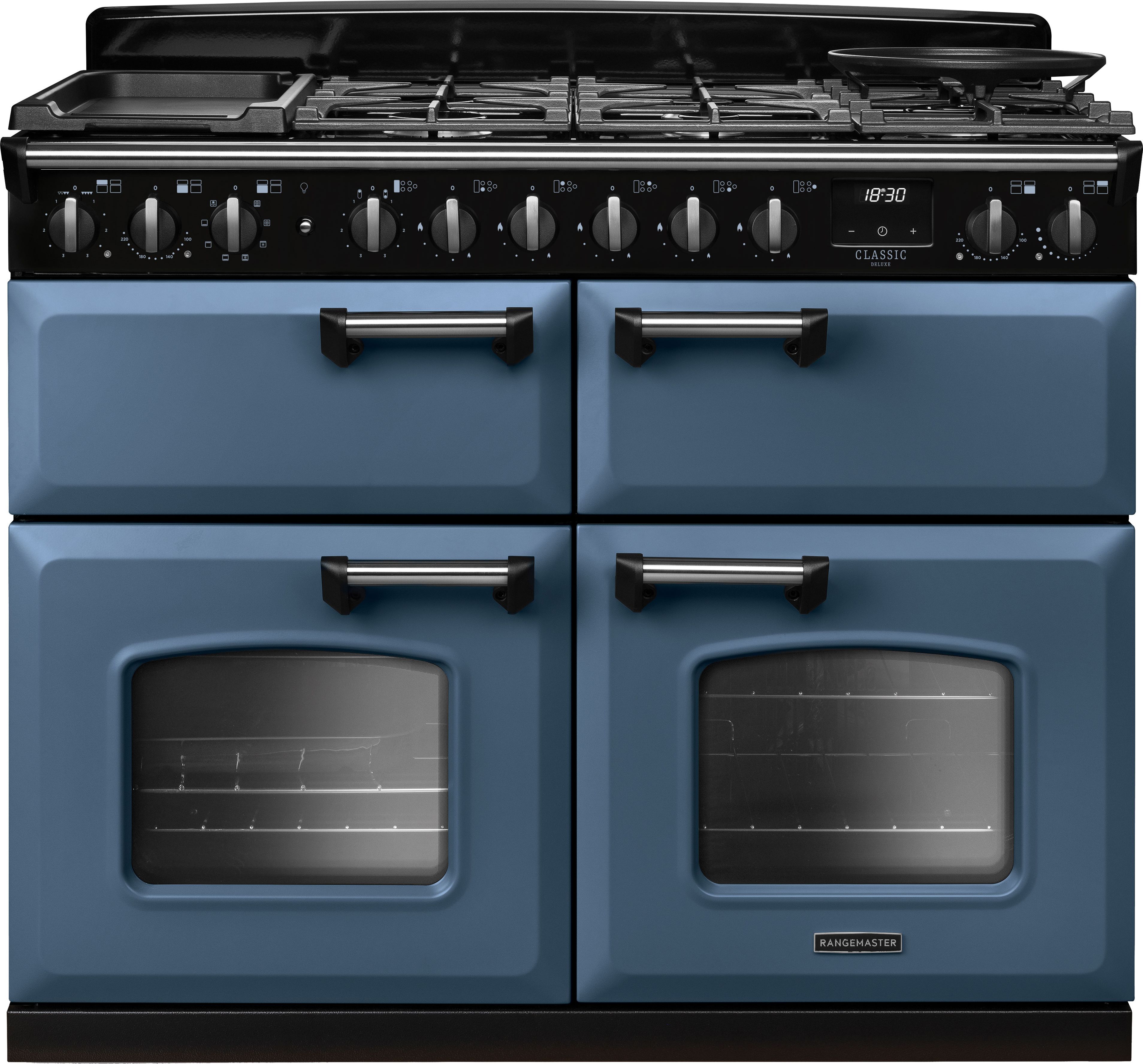 Image of Rangemaster Classic Deluxe CLDLB110DFPSTB/CM1 110cm wide Dual Fuel Range Cooker with Gas Hob - Stone Blue / Chrome - A Rated, Blue