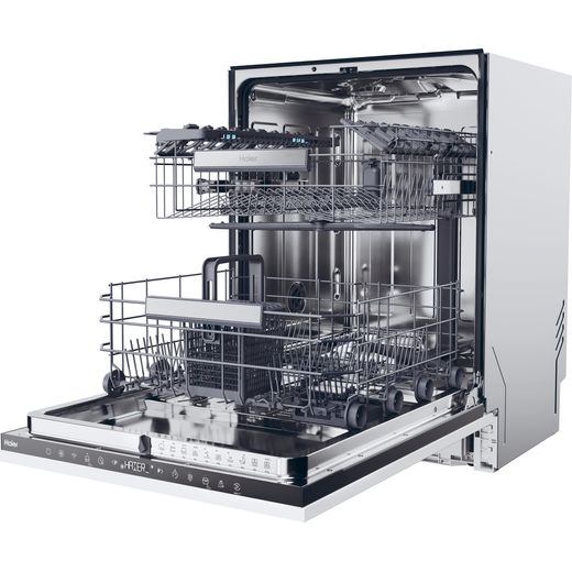 Haier Integrated Standard Dishwasher - Black - Left perspective with door open shot
