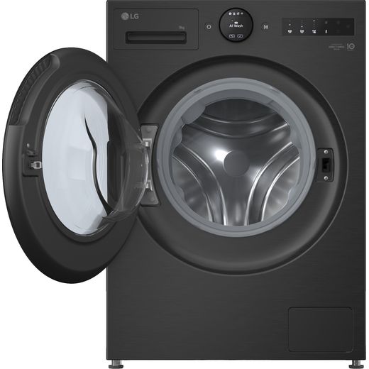 LG VX70 Series AI Direct Drive™ F4X7009TBB 9kg Washing Machine with 1400 rpm - Matte Black - Front with door open shot